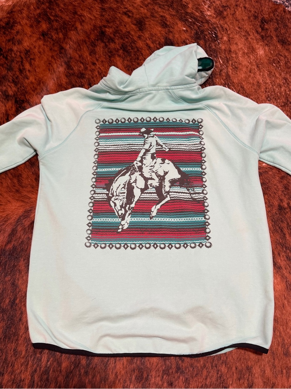 Crazy Train Aztec Cowboy Print Zip Up Teal Hoodie Jacket Western Women’s M